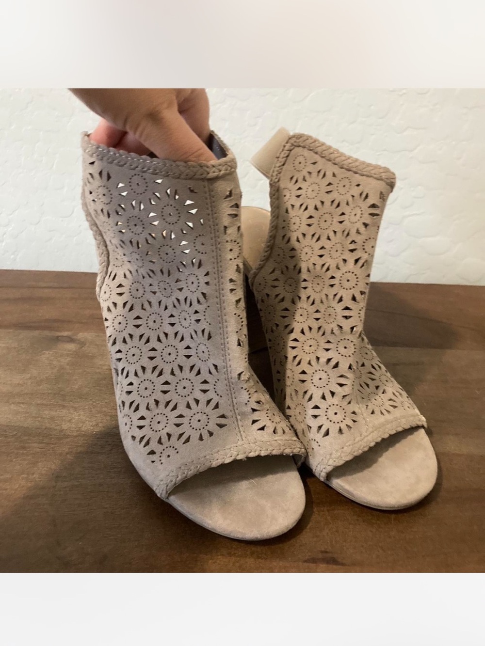 LC Lauren Conrad Taupe Laser-Cut Open-Toe Ankle Boots